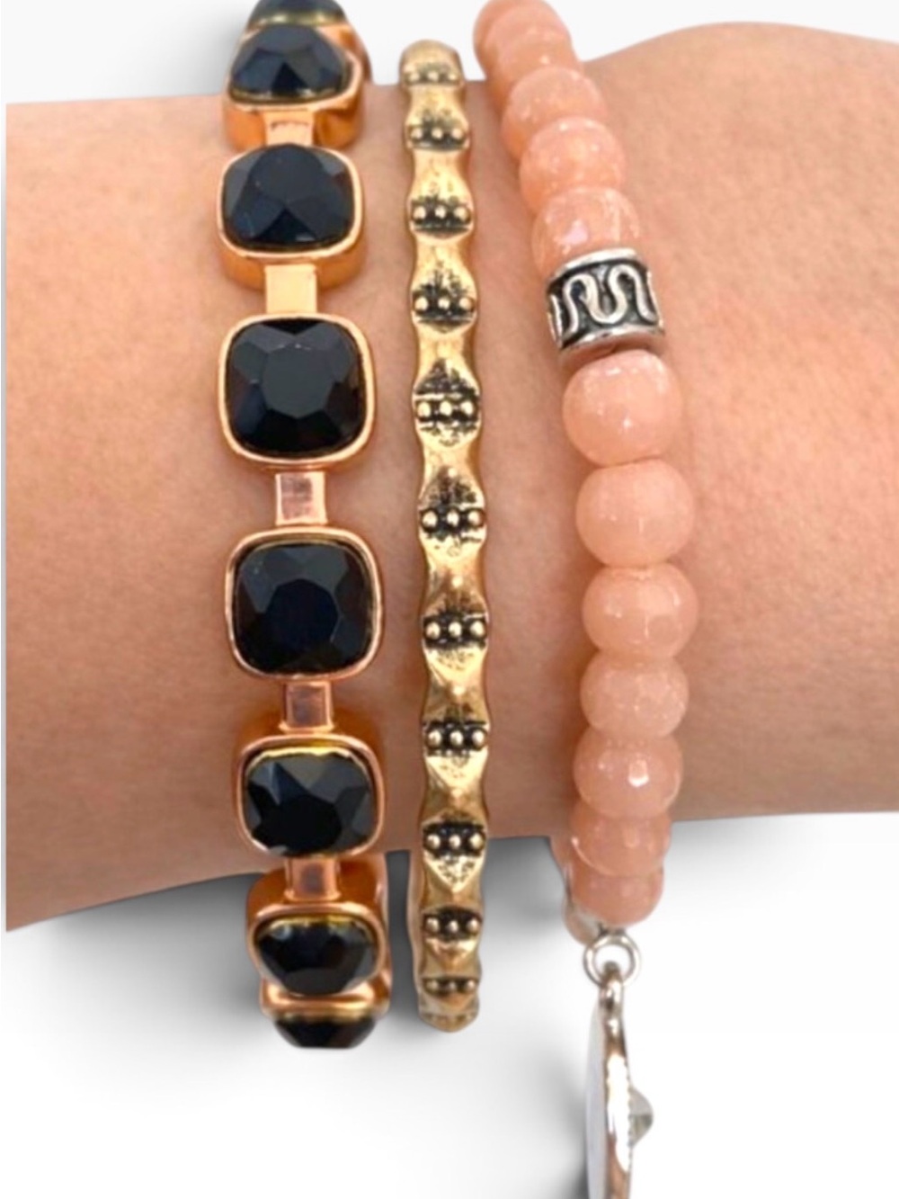 Gold & Rose Gold-Tone Bracelet Set With Beaded & Metal Accents Black & Blush Pin